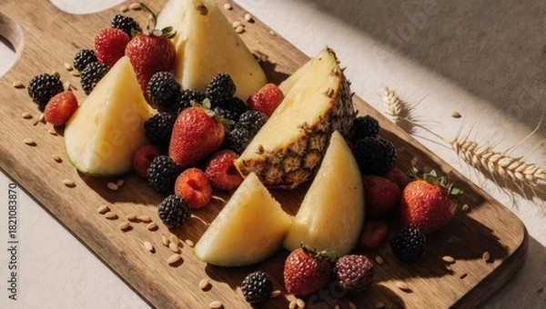Obraz Close-up of sliced pineapple, berries, and seeds artfully arranged on a wooden board