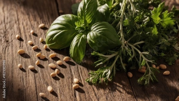 Obraz Close-up of fresh herbs and pine nuts scattered on a textured, sunlit wooden surface