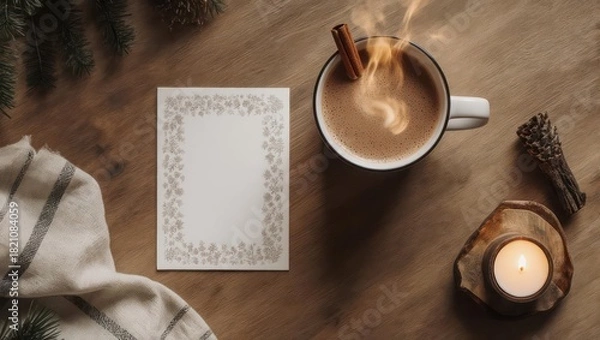 Obraz Cozy top-down shot warm drink, candle, card, cinnamon, and greenery on a wooden surface
