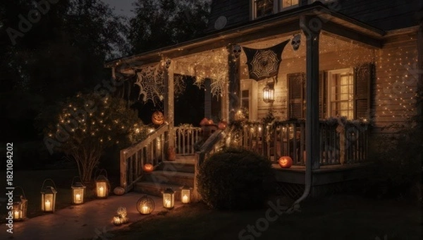 Obraz Cozy home porch adorned with Halloween decorations at dusk, illuminated by soft lights