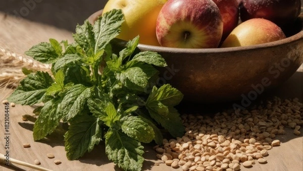 Obraz Close-up of a wooden bowl filled with fruit, fresh mint, and grains on a table