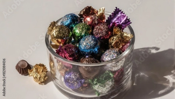 Obraz Colorful Foil Wrapped Chocolates in a Glass Bowl.
