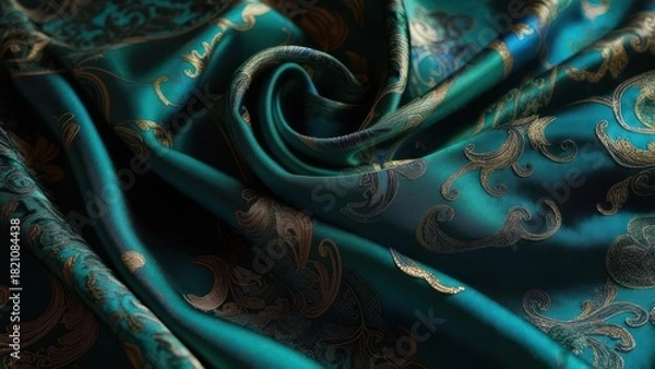 Obraz Close-up view of opulent teal fabric with gold floral patterns, showcasing elegant folds