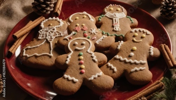 Obraz Close-up of frosted gingerbread men on a red plate with cinnamon sticks