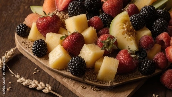 Obraz Close-up of a wooden platter overflowing with a colorful assortment of fresh, cut fruits