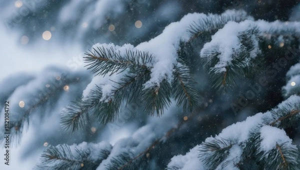 Obraz Close-up of snow-covered evergreen branches with soft bokeh lights in the background