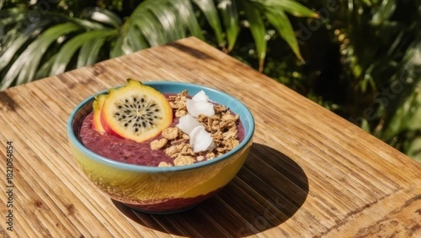 Obraz Colorful smoothie bowl with dragon fruit and granola, resting on a bamboo surface with foliage