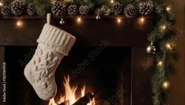 Obraz Cozy fireplace with a white knit stocking, adorned with festive greenery and lights