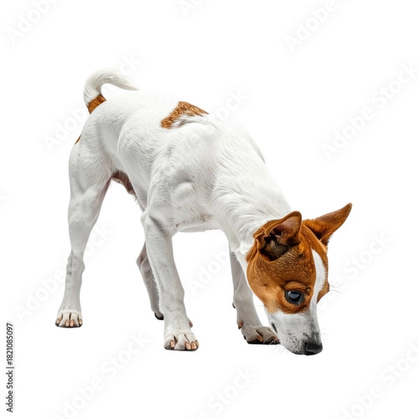 Fototapeta Dog sniffing on transparent background, canine pet looking down