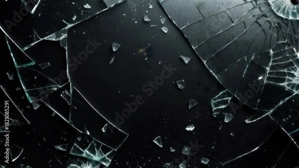 Obraz Close-up of shattered glass shards scattered across a dark, reflective surface