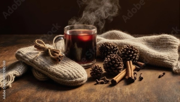 Obraz Cozy setup featuring a warm drink, a cozy slipper, and pine cones on a wooden surface