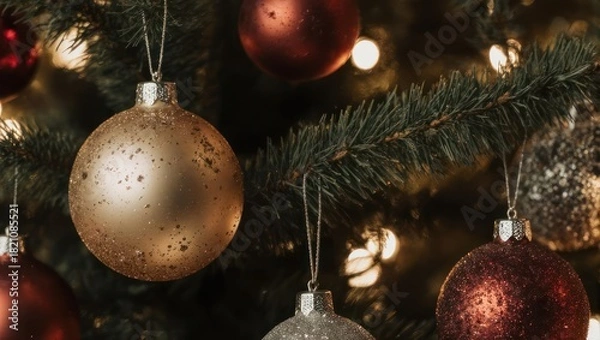 Obraz Close-up shot of a decorated evergreen, featuring hanging ornaments and twinkling lights