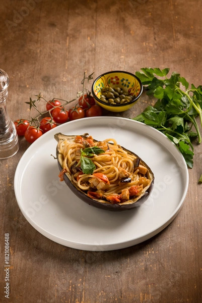 Obraz eggplant stuffed with spaghetti and swordfish