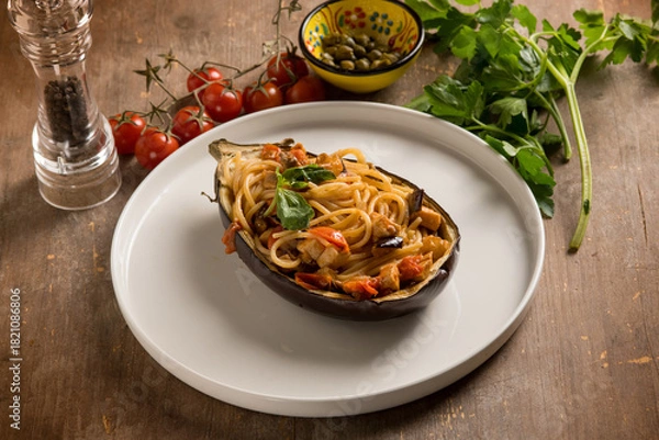 Obraz eggplant stuffed with spaghetti and swordfish