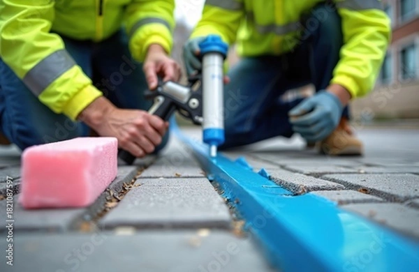 Fototapeta Workers wear safety vests, gloves, using sealant guns, tools. Apply blue material to fill gaps between paving stones, join construction components. Work ensures durability, waterproofing, neat finish