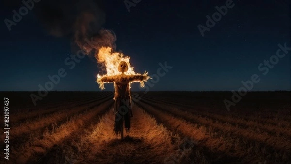 Fototapeta Burning effigy of straw figure in a field at dusk with dark sky