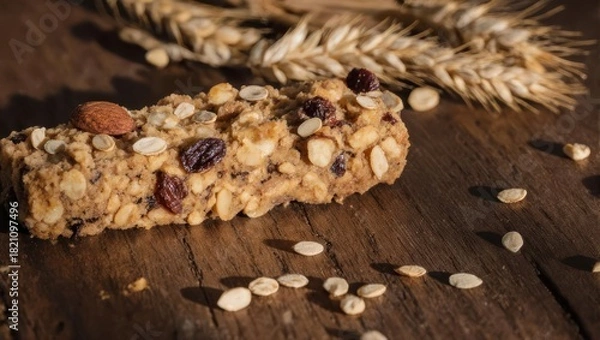 Fototapeta Close-up of a granola bar with grains, nuts, seeds, and dried fruit, on a wooden surface