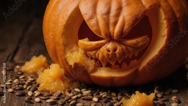 Fototapeta Close-up of a carved orange pumpkin with a menacing face, surrounded by seeds and pulp