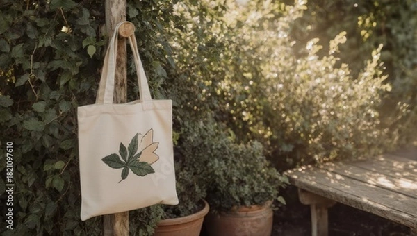 Fototapeta Canvas tote bag with leaf design hangs on a wooden post, nestled in lush garden foliage