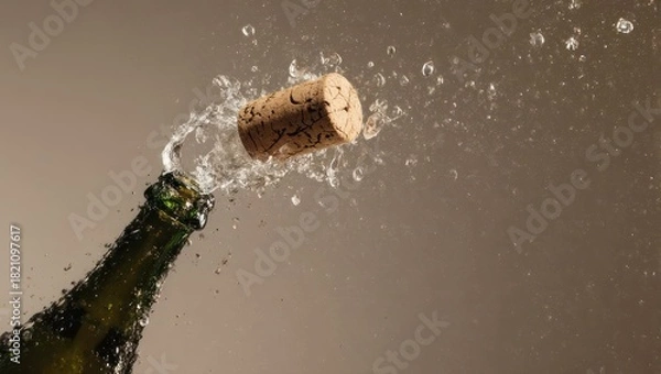Fototapeta Champagne bottle popping cork with bubbles in mid-air.