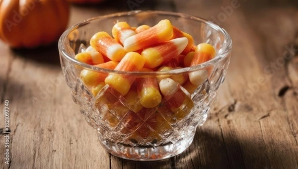 Fototapeta Close-up of a clear glass bowl filled with tri-color candy corn, with a pumpkin
