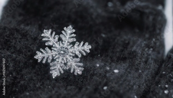 Fototapeta Close-up of a delicate snowflake resting on a dark, textured surface.