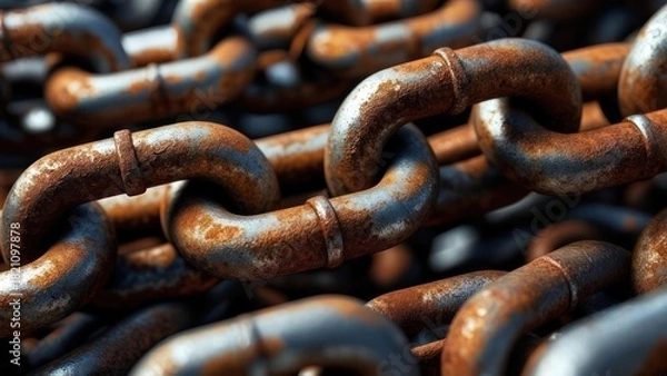 Fototapeta Close-up of a rusted metal chain, detailed and textured, showcasing links and decay