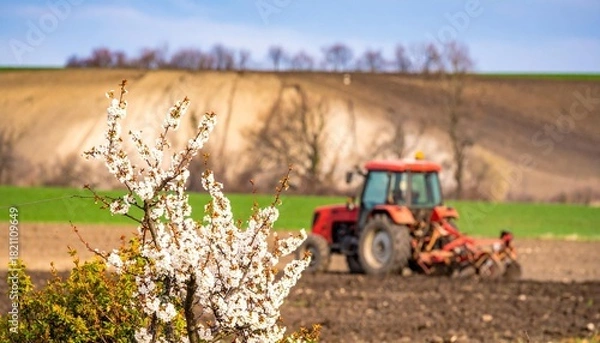 Fototapeta A red tractor works the soil in a field with a flowering tree in the