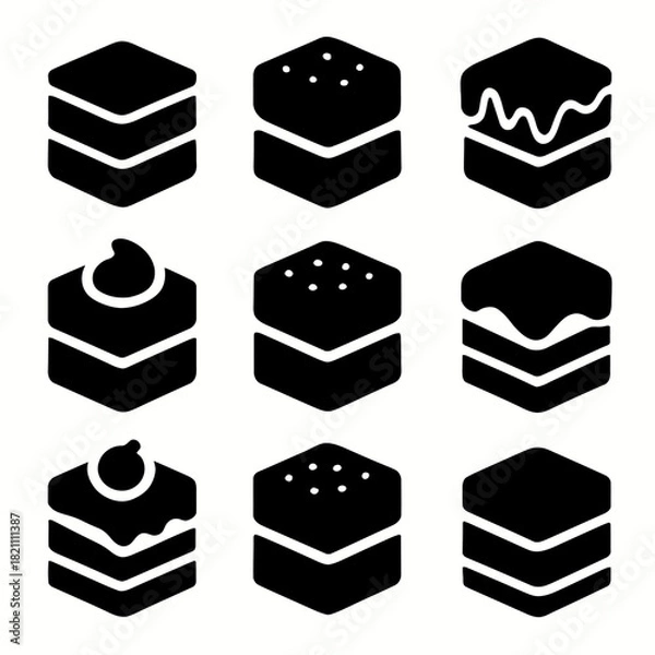 Fototapeta Set of nine black silhouette cake icons with toppings and layers