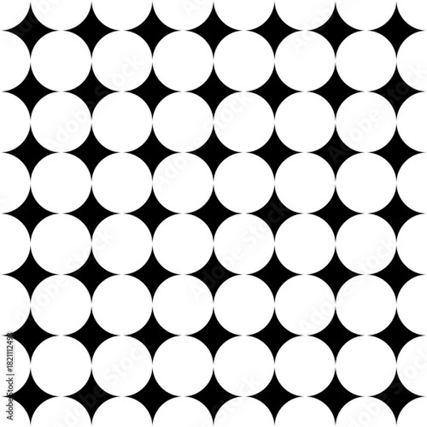 Fototapeta Black Starburst Seamless Pattern - Optical Geometric Background with White Circles. Four-Pointed Black Star Tile - Monochrome Abstract Geometric Repeat