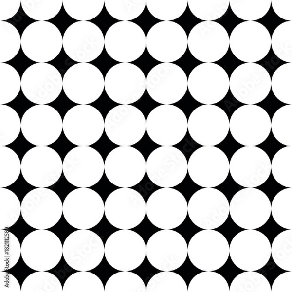Fototapeta Black Starburst Seamless Pattern - Optical Geometric Background with White Circles. Four-Pointed Black Star Tile - Monochrome Abstract Geometric Repeat