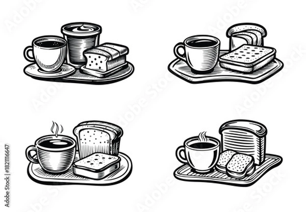 Obraz Four illustrations depict coffee and toast arrangements in monochrome art style