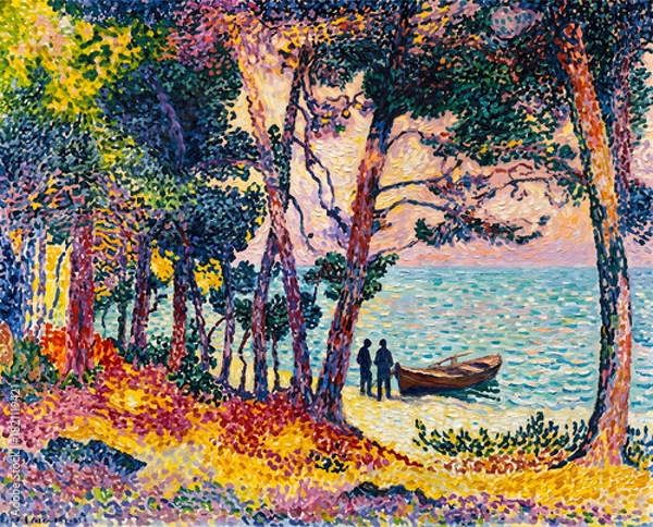 Fototapeta Vibrant Pointillist Coastal Forest Landscape, Colorful Seaside Pine Grove in Pointillism Style, Sunlit Beach Through Trees – Pointillist Art Scene, Bright Coastal Forest Path in Pointillist Technique
