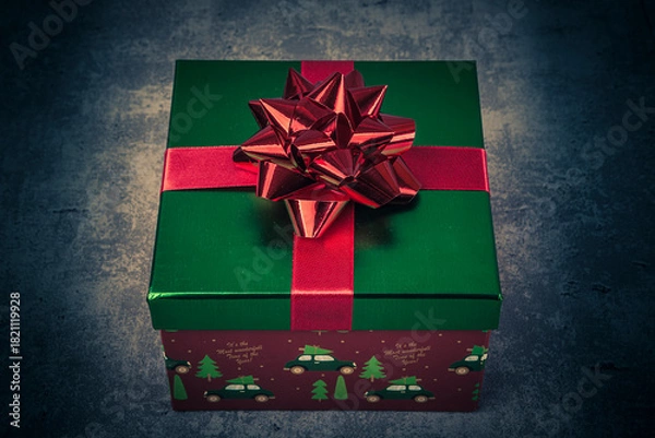 Obraz Christmas gift box with red bow on dark background. Toned.