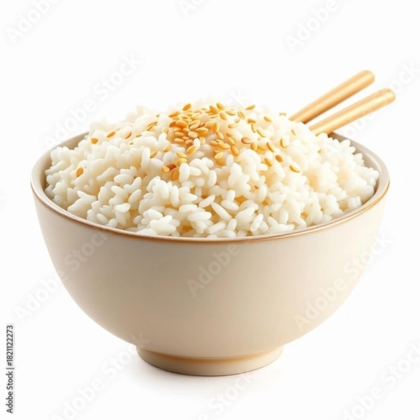 Fototapeta A bowl of perfectly cooked white rice topped with sesame seed garnish and served with wooden chopsticks, isolated on white background
