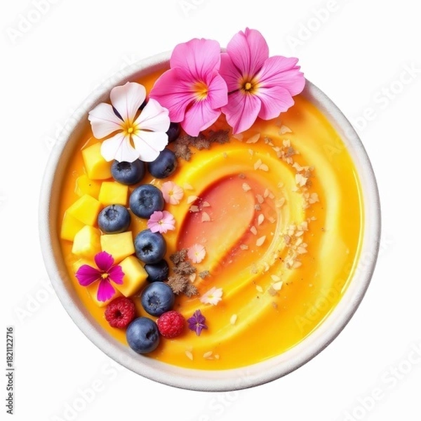 Obraz Vibrant mango smoothie bowl topped with fresh blueberry, raspberry, diced mango, and edible pink and white flower garnish, isolated on white background