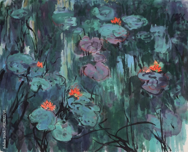 Fototapeta Moody Dark Water Lily Pond Artwork, Impressionist Deep Blue Lily Pad Scene, Aquatic Flowers in Dark Water Colors, Atmospheric Water Surface with Lilies, Moody Nature Pond in Artistic Style