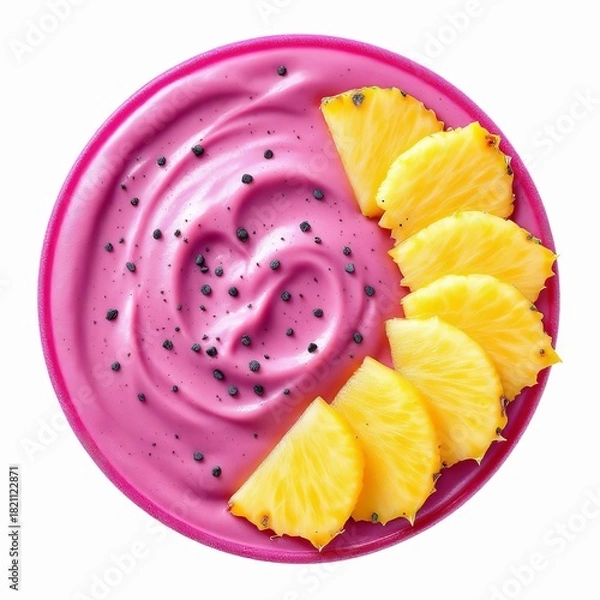 Obraz Vibrant pink pitaya smoothie bowl with fresh pineapple slices arranged on a bright magenta plate, isolated on white background