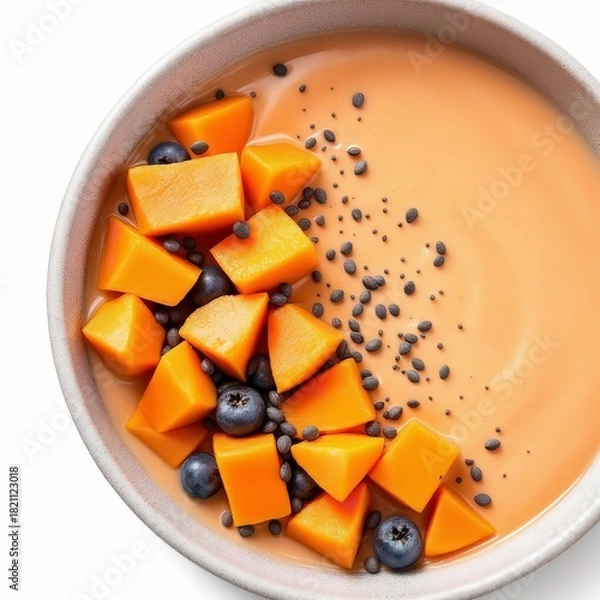 Fototapeta Overhead view of a vibrant orange smoothie bowl topped with fresh mango cubes, blueberry, and black sesame seed garnish