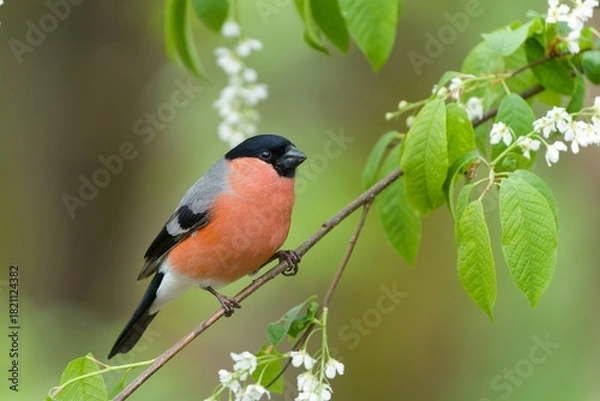 Fototapeta A male bullfinch sits on a branch in spring. A bullfinch in the nature habitat. Pyrrhula pyrrhula