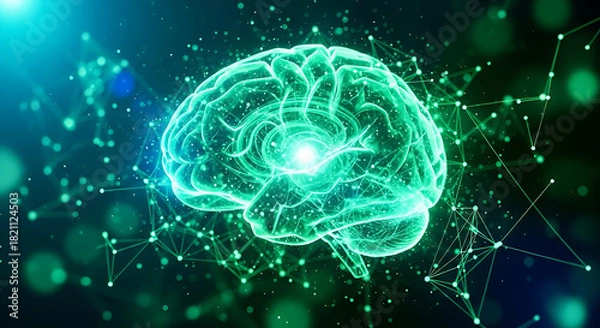 Fototapeta Artificial Intelligence Brain Connecting Neural Networks with Green Glow
