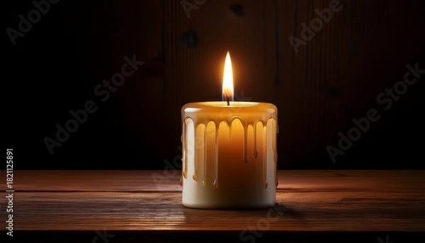 Fototapeta A Lit Candle With Dripping Wax Sits On A Wooden Surface Casting A Soft Glow In The Darkness