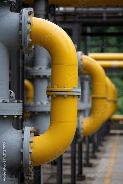 Fototapeta Industrial yellow pipeline system in outdoor setting