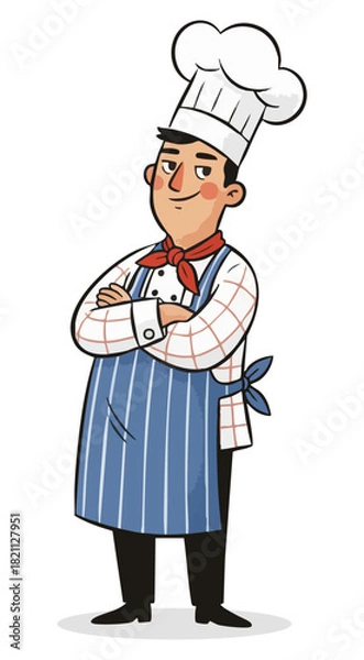 Fototapeta Confident chef with arms crossed vector illustration. Professional cook standing proudly in uniform. Smiling chef mascot conveying expertise and authority. Male cook character in blue striped apron