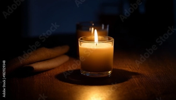 Fototapeta Warm Flickering Candlelight Illuminates A Dark Room Casting Soft Shadows And Creating A Cozy Ambiance Perfect For Relaxation Romance Or Meditation Themes Still Life Shadow