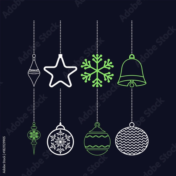 Obraz 
Christmas Hanging Ornaments Set Snowflake Bell Star Outline