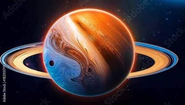 Fototapeta Sci Fi Planet Graphic With A Ring The Planet Is Split In Half One Side Blue The Other Orange