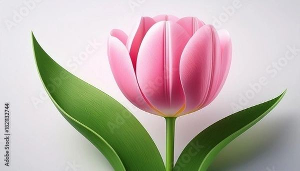 Fototapeta Pink Tulip With Green Leaf Isolated On White Background 3D Rendering