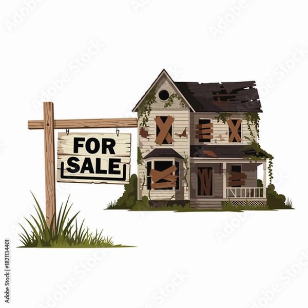 Obraz Dilapidated Abandoned House with For Sale Sign in Front Yard Showing Decay and Neglect