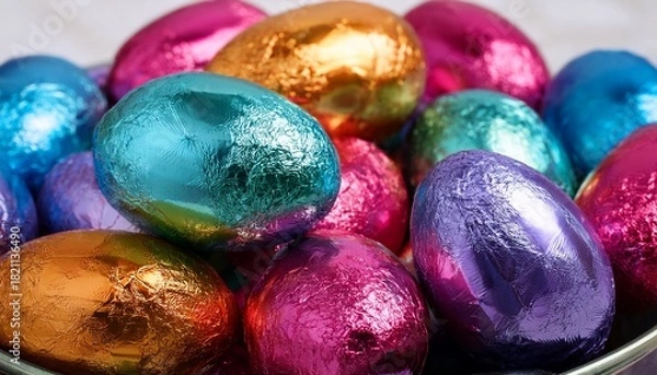 Fototapeta Colorful Foil Wrapped Easter Eggs Clustered Together